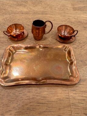Vintage Miniature Bronze Tray Pitcher Teacup Saucers Doll Dollhouse Decor Rustic